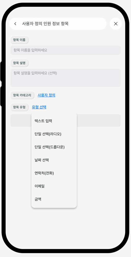 사용자 정의 항목 유형 선택 화면